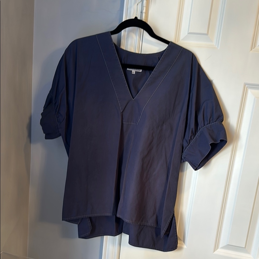 Blue Cotton Tunic Blouse with Cuffed Sleeves